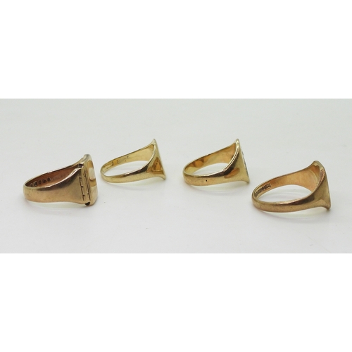 9003 - Four 9ct gold signet rings, one with a line of diamonds, size P, others sizes Q, R1/2, N1/2. Weight ... 