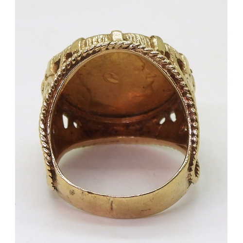 9004 - A 1910 full gold sovereign, in a 9ct gold ring mount, size X, weight 17.8gms (1)