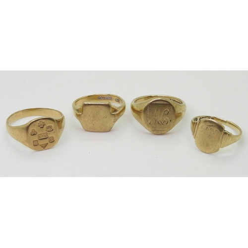 9007 - Four 9ct gold signet rings, millennium hallmark to front, size Z1/2, oval faced size U, and two othe... 