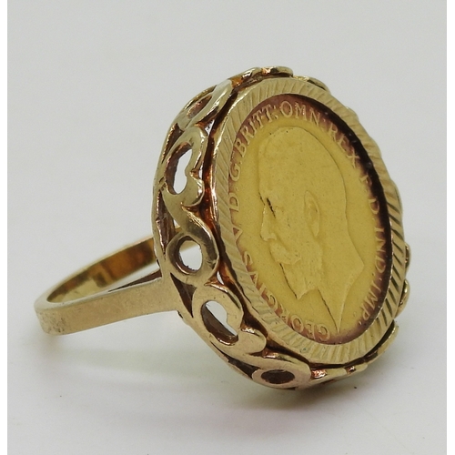 9012 - 1912 gold half sovereign in a 9ct gold ring mount, size N, weight 8.9gms (1)