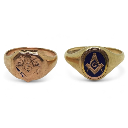 9013 - Two 9ct gold Masonic signet rings, enamel swivel example,  Gents size 2, together with a shield shap... 