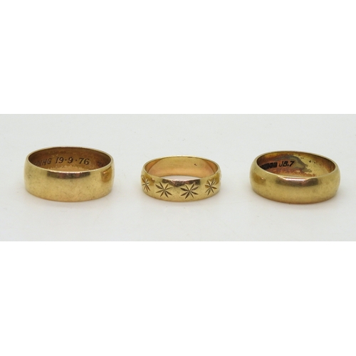 9014 - Three 9ct gold wedding rings, star engraved size Q, 'D' shape T1/2, other size V, weight together 15... 