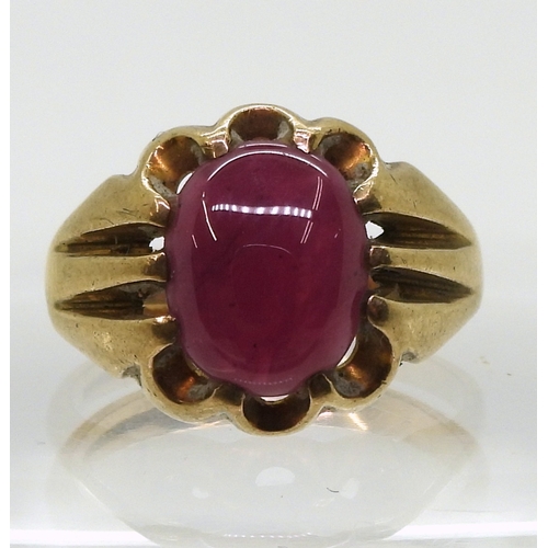 9017 - A 9ct gold synthetic ruby gypsy ring, size S1/2, weight 7.4gms