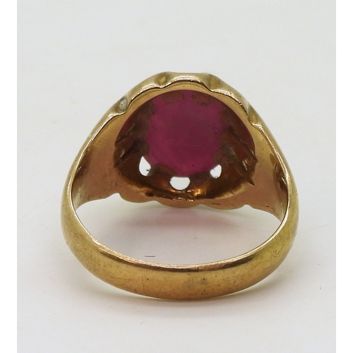 9017 - A 9ct gold synthetic ruby gypsy ring, size S1/2, weight 7.4gms