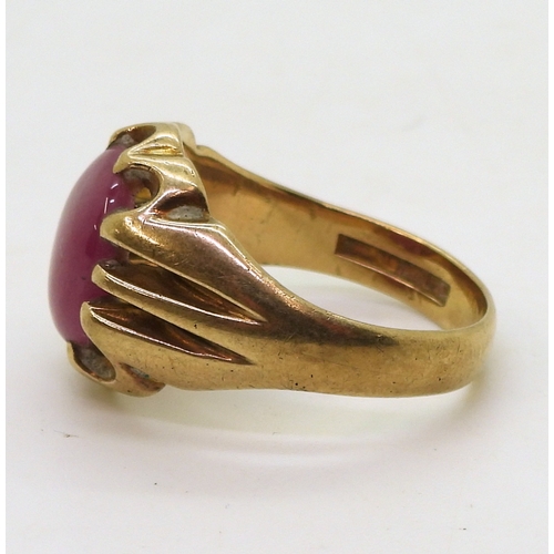 9017 - A 9ct gold synthetic ruby gypsy ring, size S1/2, weight 7.4gms