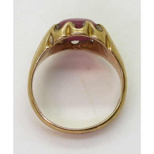 9017 - A 9ct gold synthetic ruby gypsy ring, size S1/2, weight 7.4gms