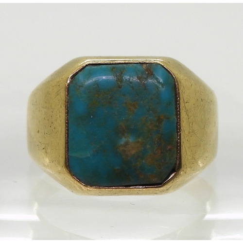 9018 - a 9ct gold turquoise set gents signet ring stamped with the makers mark 'Rodd' size W1/2, weight 7.8... 