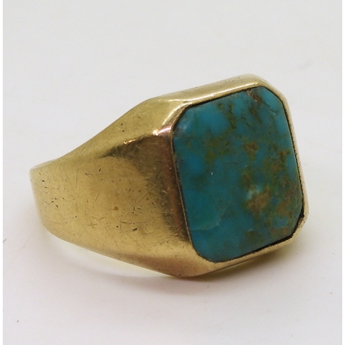 9018 - a 9ct gold turquoise set gents signet ring stamped with the makers mark 'Rodd' size W1/2, weight 7.8... 