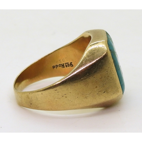 9018 - a 9ct gold turquoise set gents signet ring stamped with the makers mark 'Rodd' size W1/2, weight 7.8... 