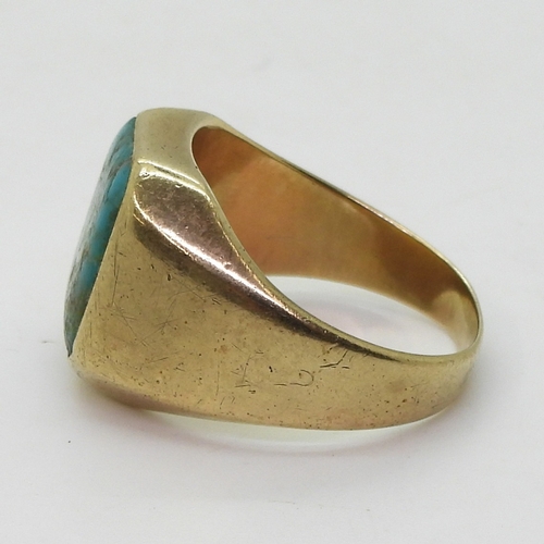 9018 - a 9ct gold turquoise set gents signet ring stamped with the makers mark 'Rodd' size W1/2, weight 7.8... 