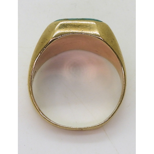 9018 - a 9ct gold turquoise set gents signet ring stamped with the makers mark 'Rodd' size W1/2, weight 7.8... 