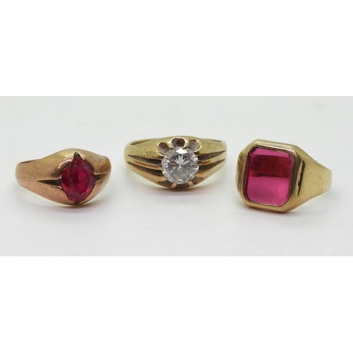 9028 - Three 9ct gold gem set rings, Cz gypsy ring size X, a 9ct Jayem pink glass signet, size P1/2, and a ... 