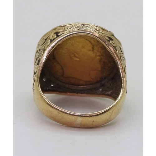 9035 - 1903 full gold sovereign in a 9ct gold ring mount, finger size V, weight 17.1gms