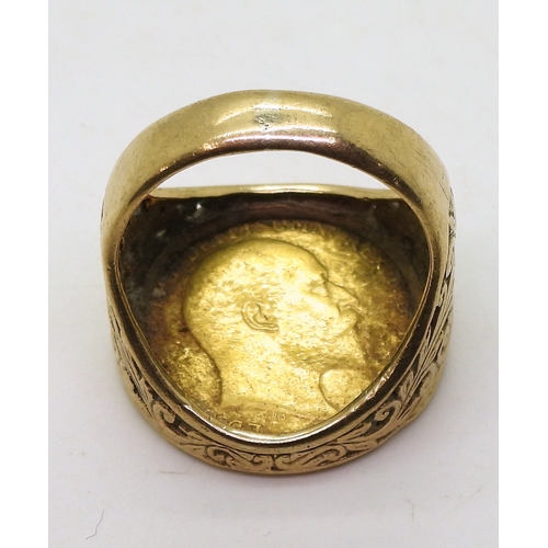 9035 - 1903 full gold sovereign in a 9ct gold ring mount, finger size V, weight 17.1gms