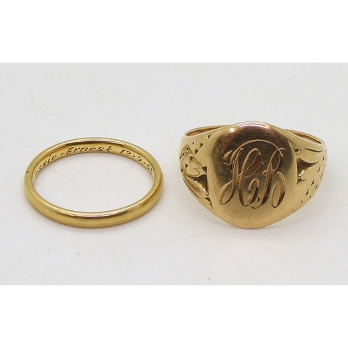 9037 - An 18ct gold 'Fidelity' brand wedding ring, size O1/2, weight 2.7gms together with a yellow metal si... 