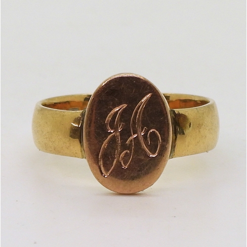 9039 - An 18ct gold wedding ring (converted to a signet) made by H.A Henry Hyde Aston of Birmingham with ha... 