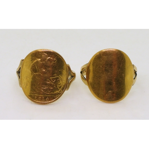 9042 - Two George V half gold sovereigns one with an 18ct gold soldered on shank size S, weight 5gms, the o... 