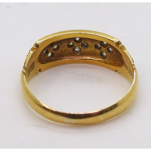 9044 - A Victorian 18ct gold diamond ring, set with panels of old cut diamonds and scrolled shoulders, Birm... 