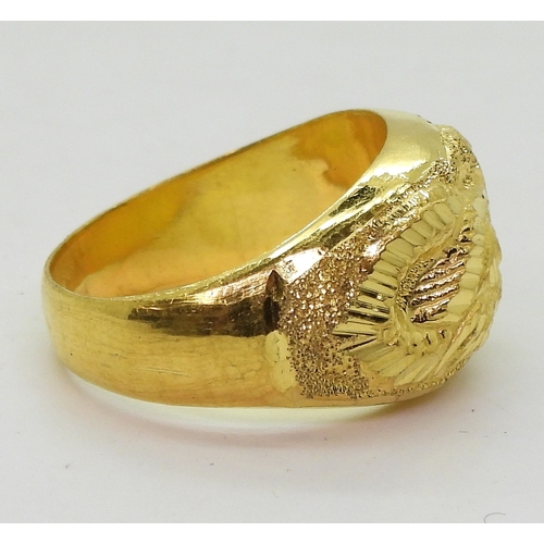 9047 - A Chinese dragon ring, stamped with Chinese characters and 96.5%, finger size S1/2, weight 7.6gms&nb... 