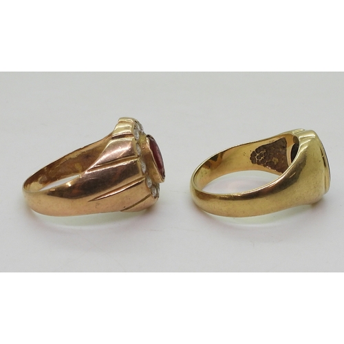 9049 - A Chinese gold red and clear gem set ring, stamped with Chinese characters and 750, size U1/2, toget... 