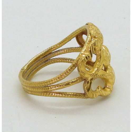 9051 - A Chinese gold ring, with Chinese characters further stamped 96.5%, size S1/2, weight 3.8gms