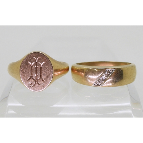 9053 - A 9ct rose gold signet ring, size V, weight 8.4gms together with a 10k gold gents ring set with thre... 