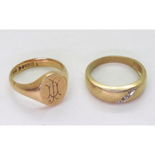 9053 - A 9ct rose gold signet ring, size V, weight 8.4gms together with a 10k gold gents ring set with thre... 