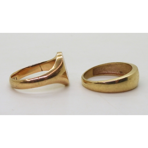 9053 - A 9ct rose gold signet ring, size V, weight 8.4gms together with a 10k gold gents ring set with thre... 