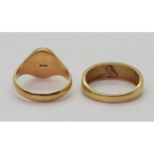 9053 - A 9ct rose gold signet ring, size V, weight 8.4gms together with a 10k gold gents ring set with thre... 