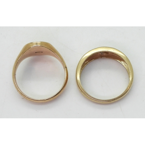 9053 - A 9ct rose gold signet ring, size V, weight 8.4gms together with a 10k gold gents ring set with thre... 