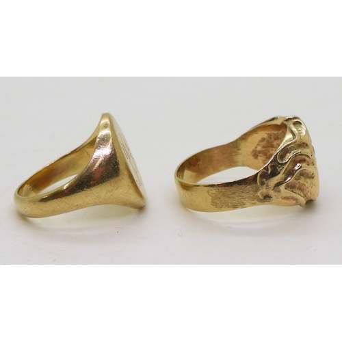 9059 - A yellow metal signet ring, size R1/2, together with a retro example set with an estimated approx 0.... 