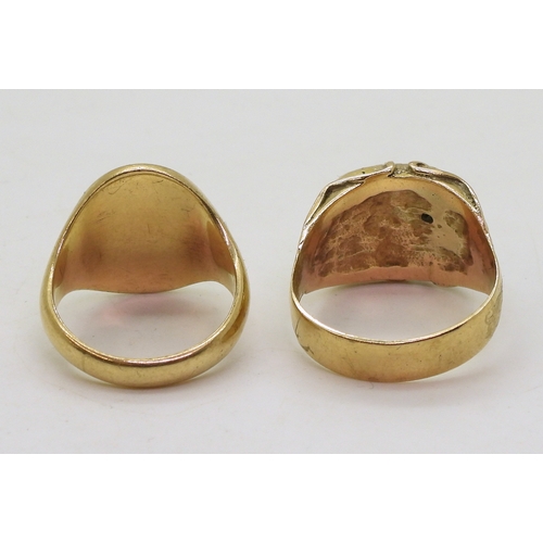 9059 - A yellow metal signet ring, size R1/2, together with a retro example set with an estimated approx 0.... 