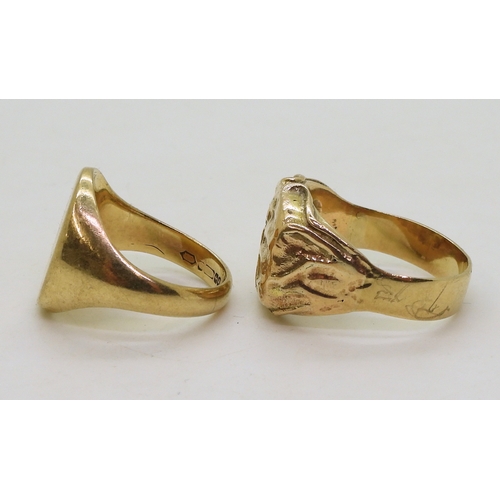 9059 - A yellow metal signet ring, size R1/2, together with a retro example set with an estimated approx 0.... 