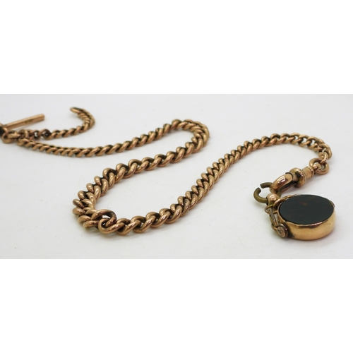 9060 - A 9ct gold tapered fob chain with attached Masonic fob seal, length 36cm, hallmarked to every link, ... 