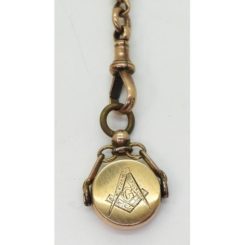 9060 - A 9ct gold tapered fob chain with attached Masonic fob seal, length 36cm, hallmarked to every link, ... 