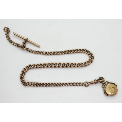 9060 - A 9ct gold tapered fob chain with attached Masonic fob seal, length 36cm, hallmarked to every link, ... 