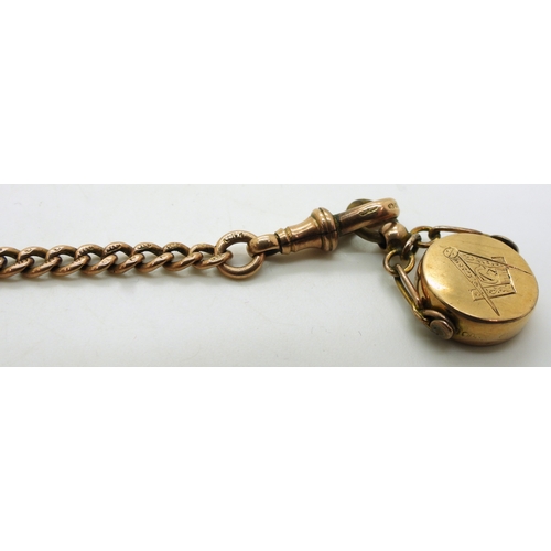 9060 - A 9ct gold tapered fob chain with attached Masonic fob seal, length 36cm, hallmarked to every link, ... 