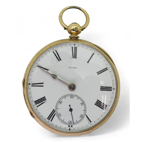 An 18ct gold open face pocket watch, London hallmarks for 1934, classic white enamelled dial, with subsidiary seconds dial and black Roman numerals, the jewelled movement signed Wm. Burnett, Durham. Diameter 5cm, weight 104.4gms