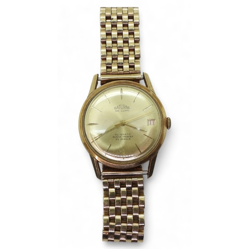 A 14ct gold Saturne Automatic wristwatch with a 9ct gold block link strap, weight approx with mechanism 55.7gms