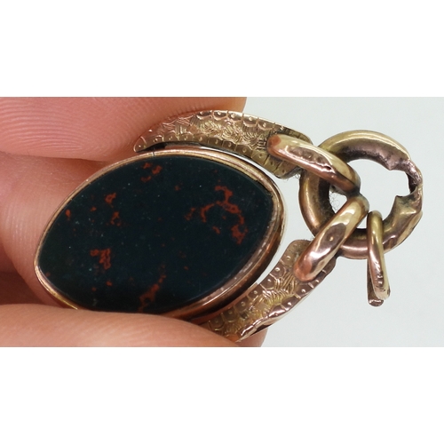 9122 - Three 9ct gold mounted fob seals set with bloodstone and carnelian, weight together 21.6gms