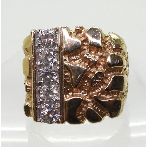 9125 - A 9ct gold retro gents ring, set with cubic zirconia, finger size W, weight 10.2gms 