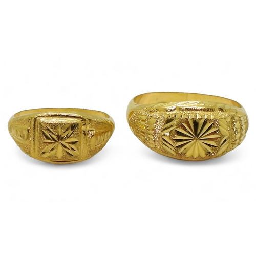 9126 - Two bright yellow metal rings, both stamped with Chinese Characters and 96.5%, finger sizes X1/2, an... 