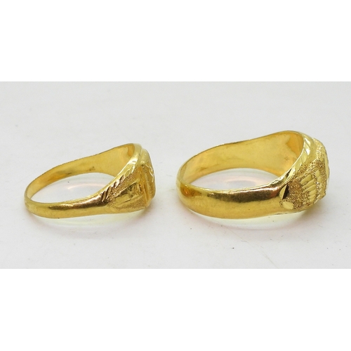 9126 - Two bright yellow metal rings, both stamped with Chinese Characters and 96.5%, finger sizes X1/2, an... 