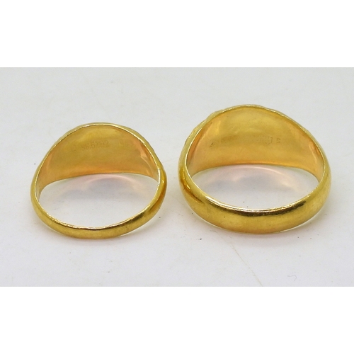 9126 - Two bright yellow metal rings, both stamped with Chinese Characters and 96.5%, finger sizes X1/2, an... 