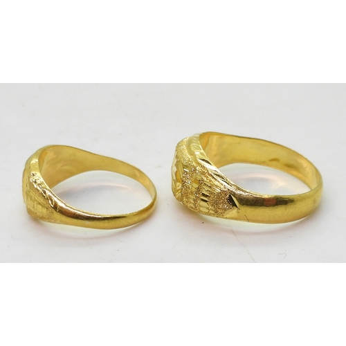 9126 - Two bright yellow metal rings, both stamped with Chinese Characters and 96.5%, finger sizes X1/2, an... 