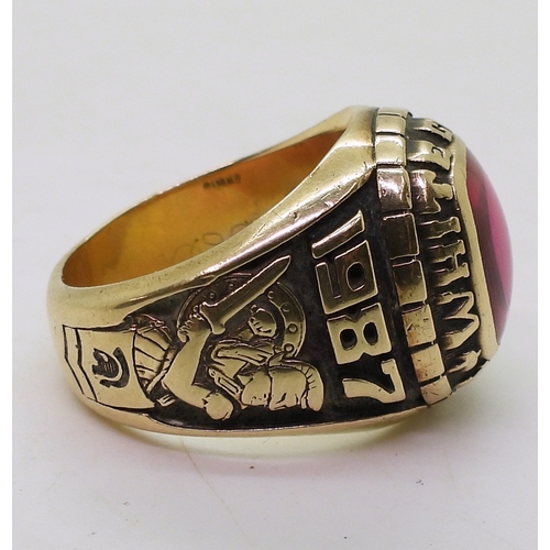 9127 - A 10k Josten's brand American college  ring, for White County High 1987, set with a pink glass gem, ... 