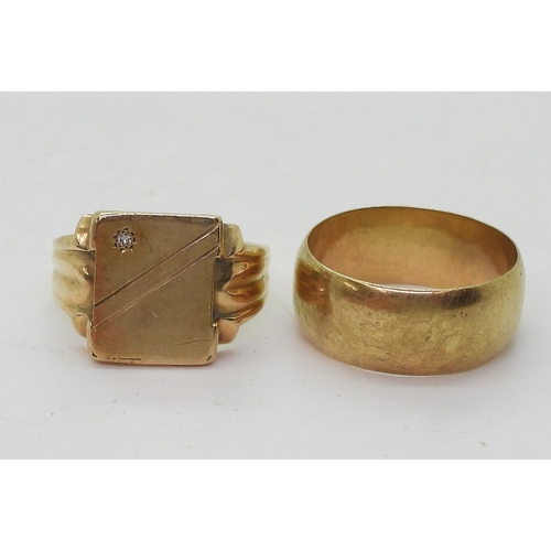 9130 - A 9ct gold wide wedding ring, size Z, weight 8.5gms, together with a 10k gold signet ring set with a... 