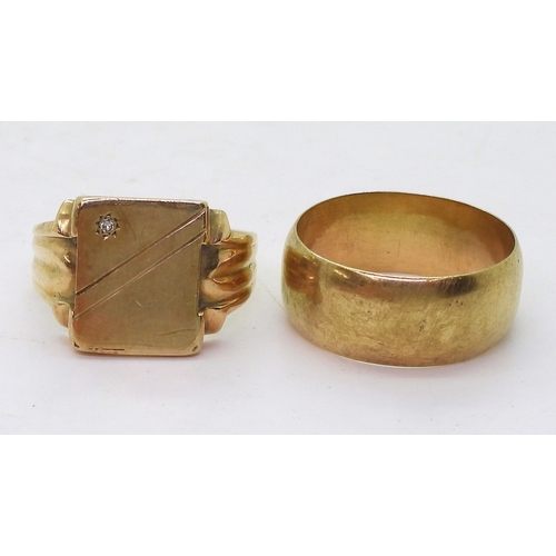 9130 - A 9ct gold wide wedding ring, size Z, weight 8.5gms, together with a 10k gold signet ring set with a... 