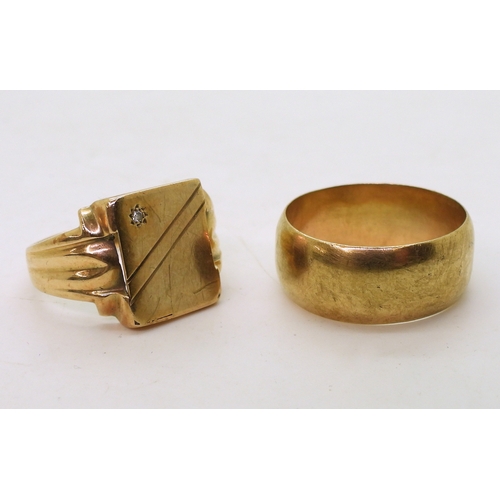 9130 - A 9ct gold wide wedding ring, size Z, weight 8.5gms, together with a 10k gold signet ring set with a... 