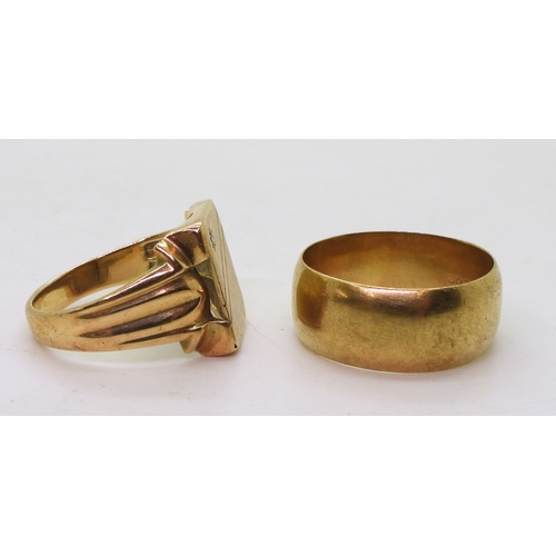 9130 - A 9ct gold wide wedding ring, size Z, weight 8.5gms, together with a 10k gold signet ring set with a... 